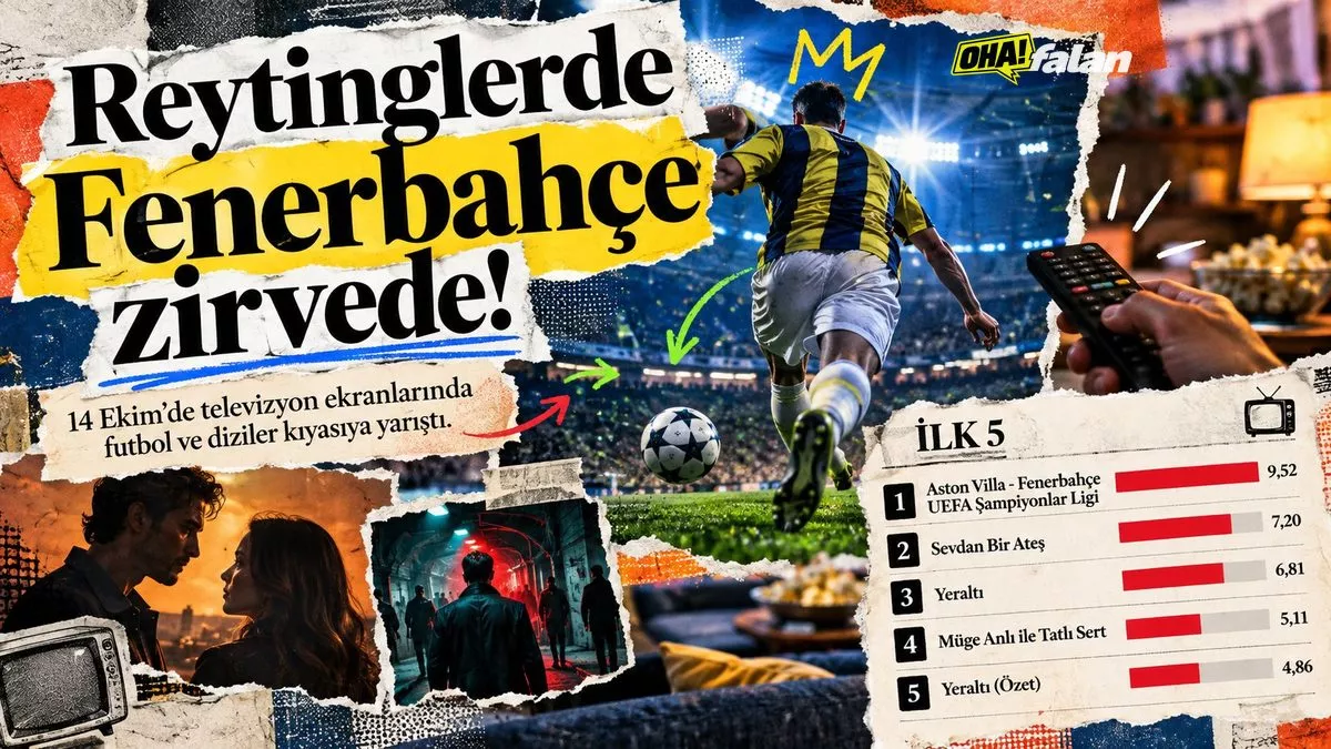 Bir televizyon stüdyosunda büyük ekranlar, futbol sahasını temsil eden ışıklandırma, sinema klaketleri ve renkli izlenme grafikleriyle oluşturulmuş dinamik editoryal kompozisyon, yazısız ve logosuz.