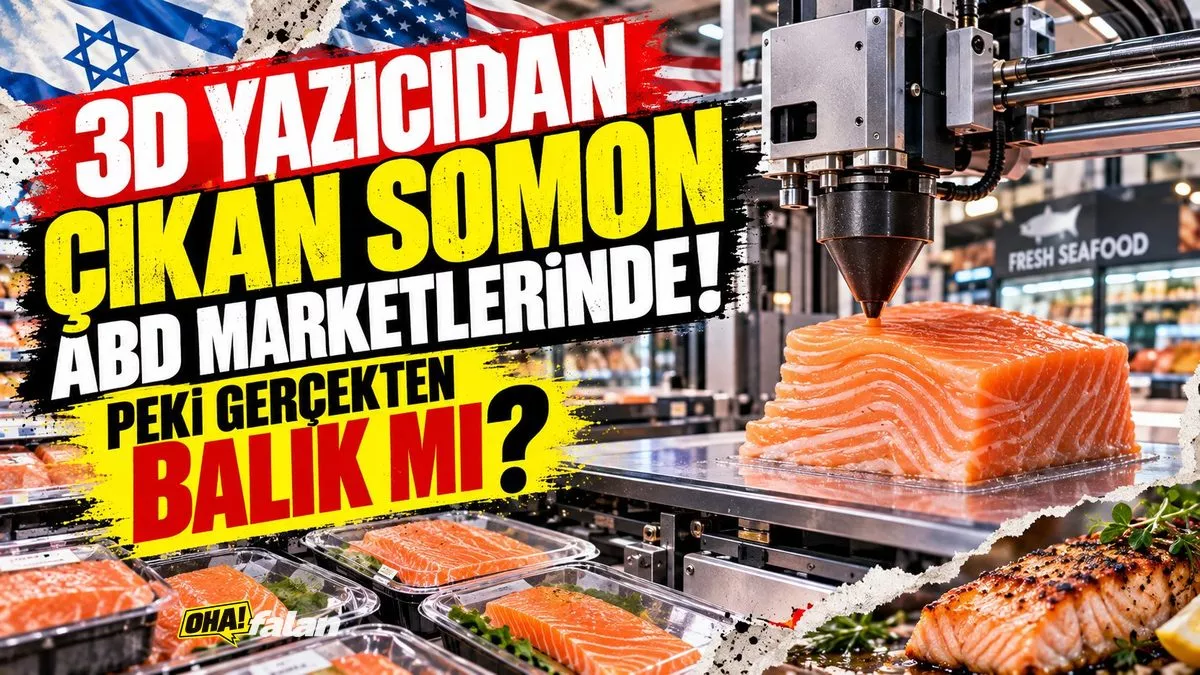 Endüstriyel bir gıda yazıcısının katmanlar halinde somon görünümlü pembe bir ürün oluşturduğu, yanında gerçekçi bir somon filetosunun bulunduğu modern üretim tesisi.