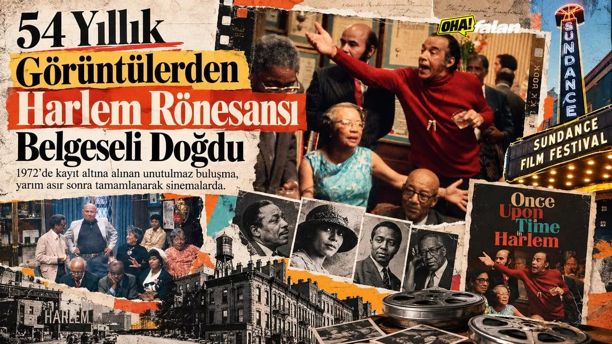 1970'lerin New York Harlem semtinde tarihî bir evin salonu, ahşap mobilyalar, caz dönemini çağrıştıran bir piyano, masada eski fotoğraf albümleri ve 16 mm film makaraları, sıcak sarı ışıklar, nostaljik sinema atmosferi.