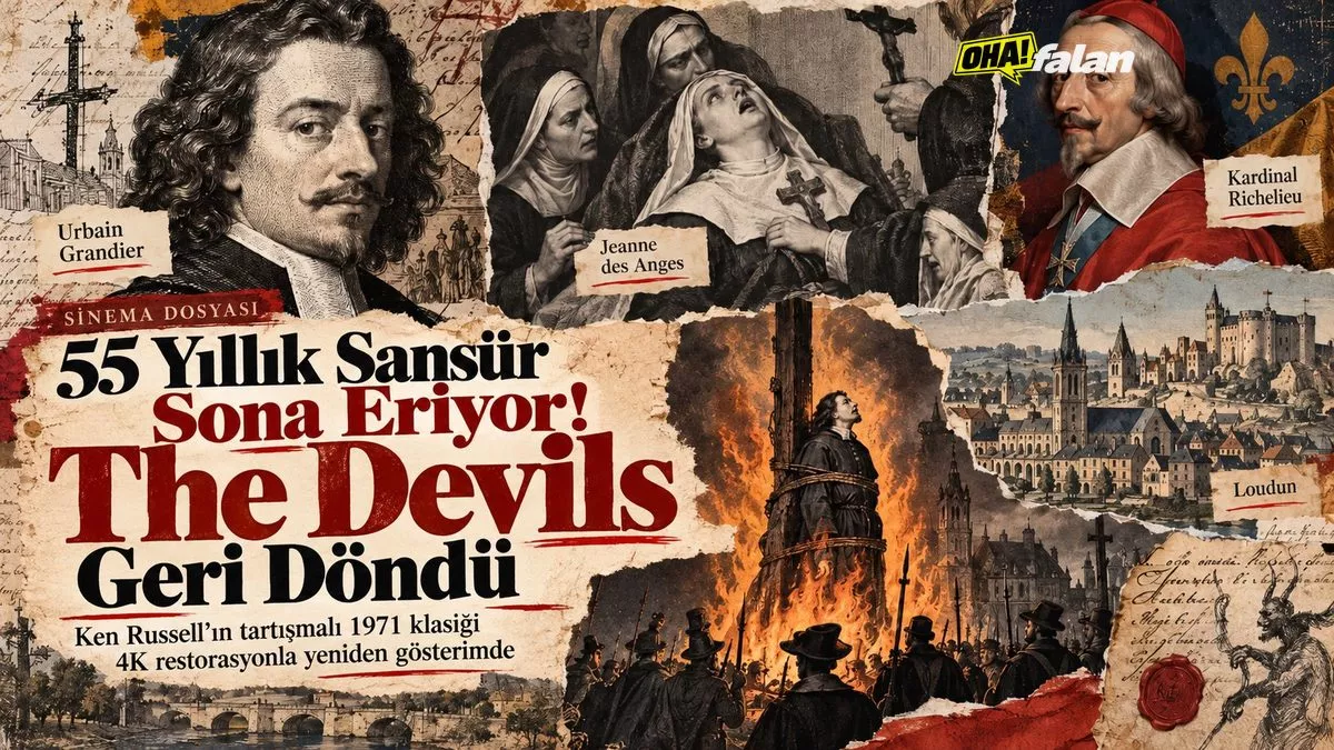 Eski bir sinema salonunda kırmızı kadife koltuklar, parçalanmış film şeritleri, karanlık bir manastır koridorunu gösteren sinema perdesi ve dramatik ışıklar. Gotik atmosferli, sinematik bir kompozisyon.