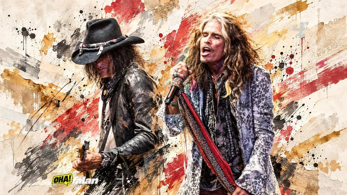 Büyük bir açık hava konser sahnesinde mikrofon, gitarlar ve davul seti, seyirciyle dolu tribünler ve güçlü sahne ışıklarıyla klasik rock konseri atmosferi.