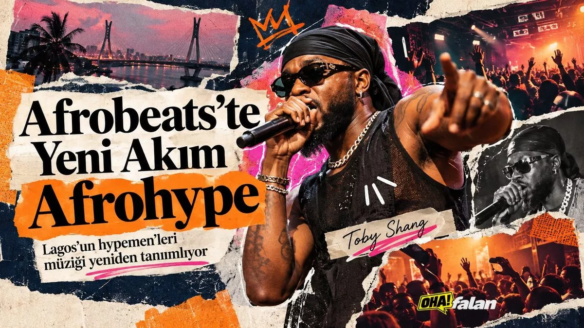 Lagos'ta kalabalık bir gece kulübünün sahnesinde mikrofonuyla seyirciyi coşturan bir performans sanatçısı, hareketli dans pisti, güçlü sahne ışıkları ve canlı renklerle müzik kültürünü yansıtan geniş açılı bir kompozisyon.