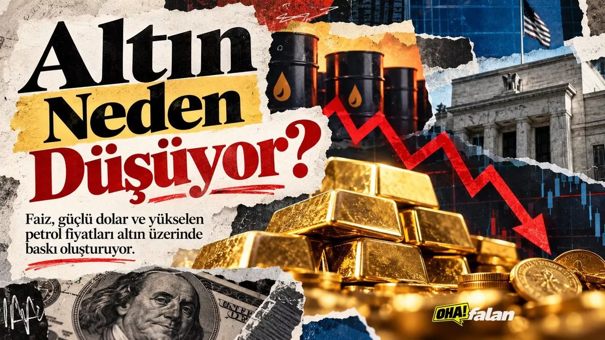 Koyu renkli bir finans piyasası atmosferinde aşağı yönelen altın renkli fiyat grafiği, ön planda altın külçeleri ve arka planda petrol varilleri ile tahvil piyasasını simgeleyen soyut ekranlar.