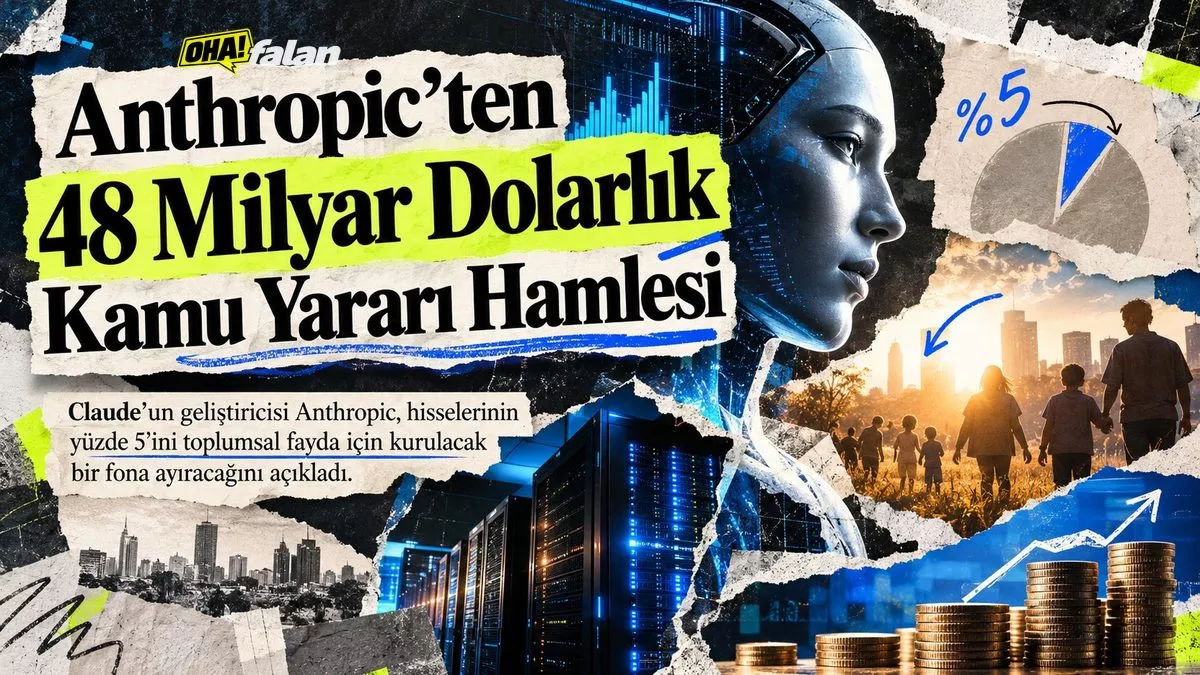 Yapay zekânın ürettiği ekonomik değerin topluma aktarılmasını simgeleyen, bir tarafta gelişmiş bilgisayar işlemcileri ve veri merkezleri, diğer tarafta insan siluetleri ve yardım fonunu temsil eden dijital finansal öğeler bulunan sinematik bir kompozisyon.