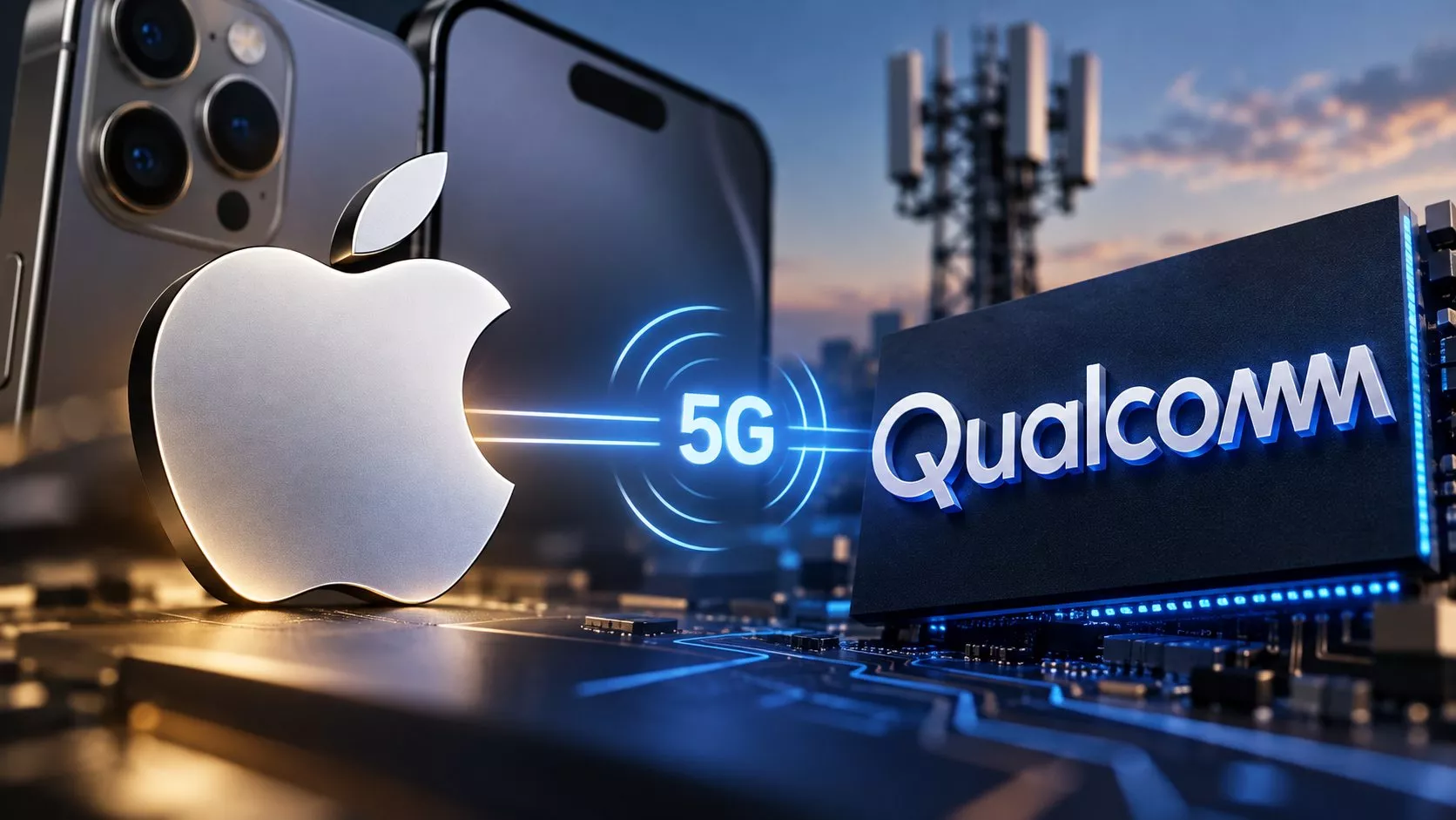 Apple ve Qualcomm logolarının karşılıklı konumlandırıldığı, arka planda 5G bağlantısını ve mobil işlemcileri çağrıştıran sade ve teknolojik bir kompozisyon.