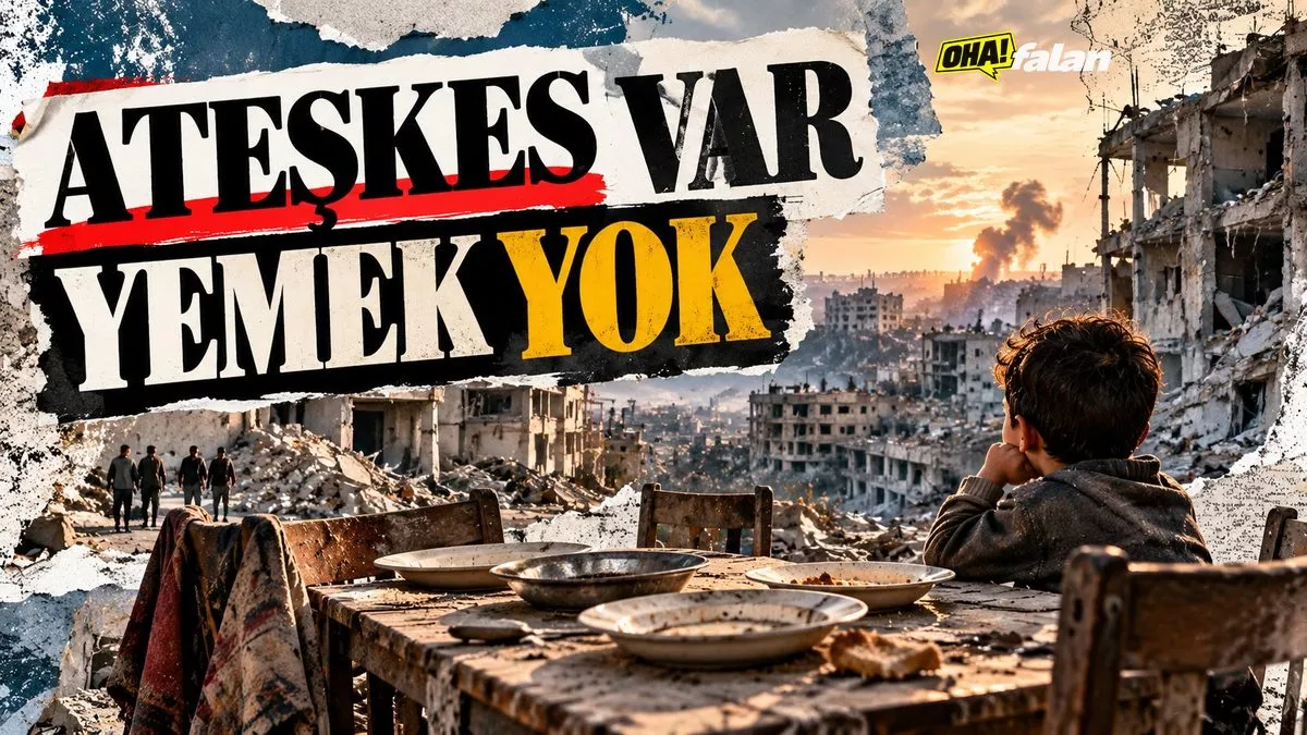 Yıkılmış binaların arasında uzanan boş bir yemek masası, üzerinde birkaç boş tabak ve arka planda savaşın izlerini taşıyan bir kent manzarası.