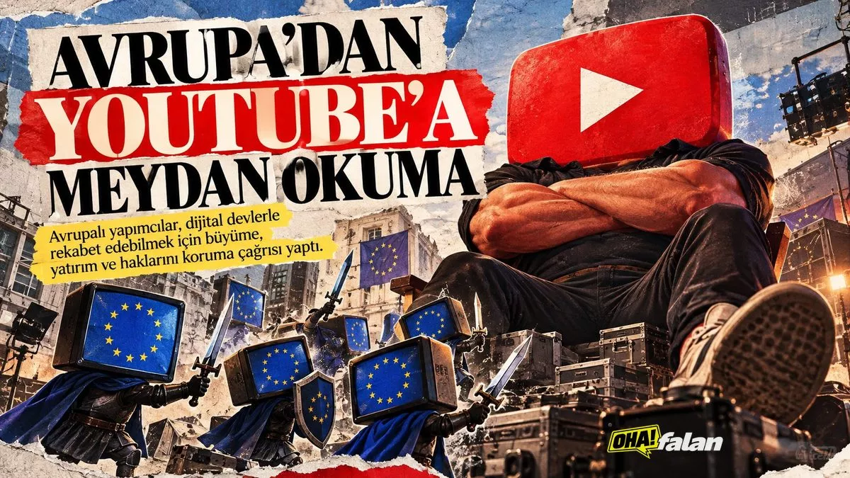 Bir Avrupa film stüdyosunun dev kamera ve kurgu ekipmanlarıyla dolu çalışma alanı, arka planda küresel dijital yayıncılığı temsil eden büyük ekranlar ve sinema perdeleri, mavi ve sarı ışıklarla dramatik bir atmosfer.