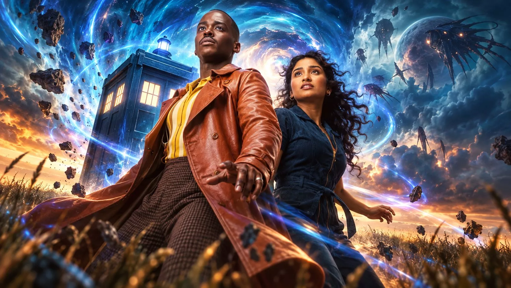 Doctor Who evrenini çağrıştıran bir bilim kurgu setinde, ekranlarda yapay zekâ tarafından üretilen sahnelerin işlendiği gerçekçi ve sinematik bir televizyon prodüksiyonu.