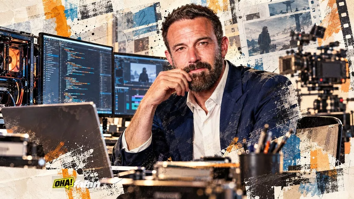 Karanlık olmayan modern bir film kurgu stüdyosunda açık bilgisayar kasası, monitörlerde okunabilir olmayan kod satırları ve arka planda kamera ile kurgu ekipmanları.