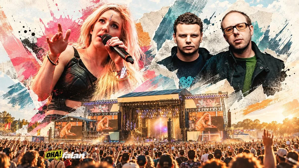 Baltık kıyısındaki dev bir açık hava müzik festivalini gösteren sinematik geniş açı görüntü. Binlerce seyirci, etkileyici sahne ışıkları, farklı müzik sahneleri ve gün batımında festival atmosferi. Gerçek kişilerin yüzleri, yazı ve logo bulunmuyor.
