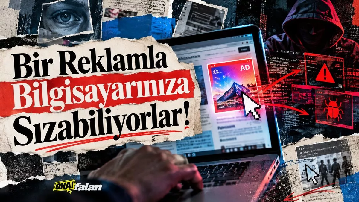 Bilgisayar ekranındaki sıradan bir dijital reklamın arkasında gizlenmiş karmaşık veri bağlantıları, ağ düğümleri ve kırmızı uyarı sembollerini gösteren, canlı renkli ve gerçekçi teknolojik illüstrasyon.