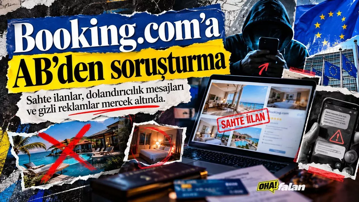 Karanlık bir otel resepsiyonunda açık duran dizüstü bilgisayar, ekranda sahte konaklama ilanını temsil eden görseller, yanında kredi kartı ve rezervasyon belgeleri, arka planda kırmızı uyarı ışıkları, sinematik ve gerçekçi haber fotoğrafı estetiği.