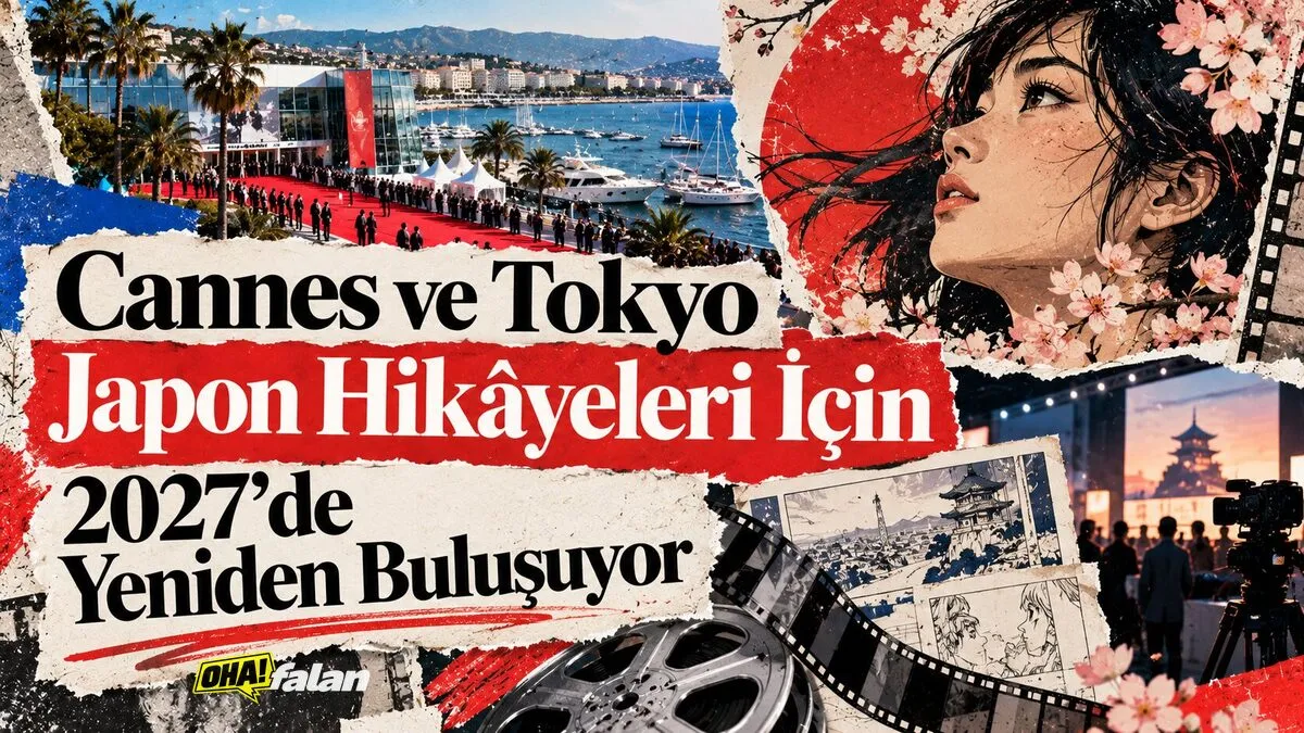 Cannes sahilinde sinema dünyasını temsil eden şık bir festival mekânı, ön planda Japon manga çizimleri, film şeritleri ve senaryo sayfalarından oluşan katmanlı bir kompozisyon. Kırmızı halı atmosferi, canlı mercan kırmızısı ve kobalt mavisi tonları.