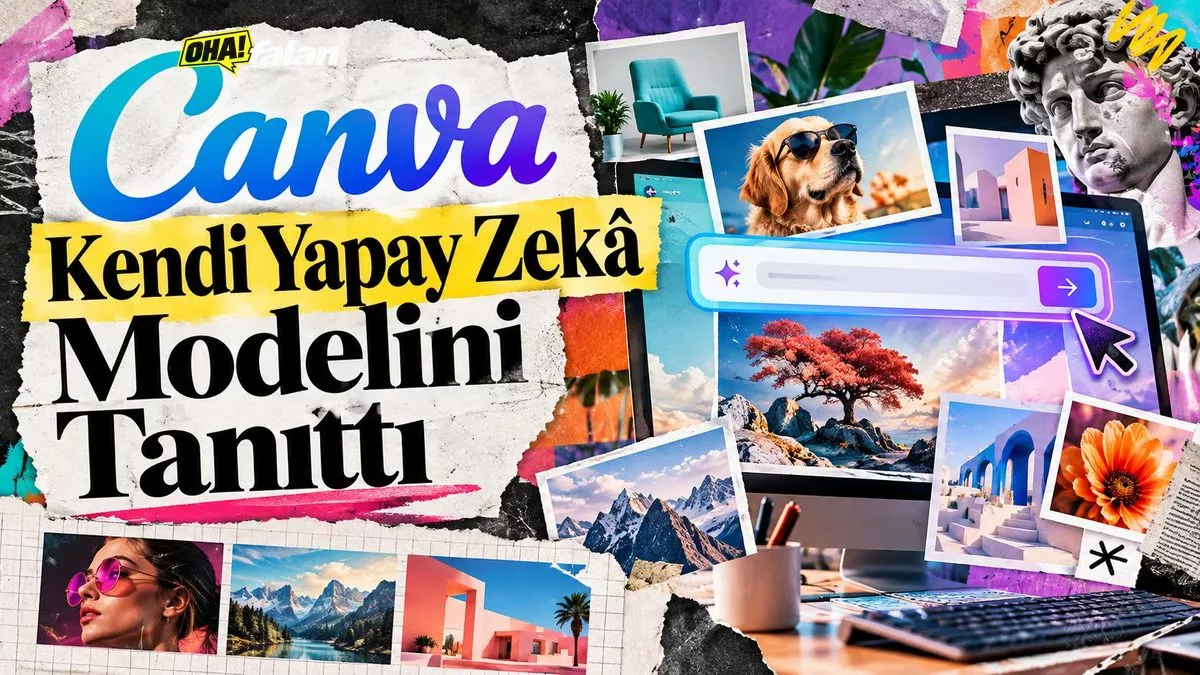 Renkli bir dijital tasarım stüdyosunda, bilgisayar ekranından dışarı taşan üç boyutlu geometrik şekiller, illüstrasyon parçaları ve fotoğraf kareleri. Mor, turkuaz ve turuncu tonlarında dinamik bir kompozisyon.