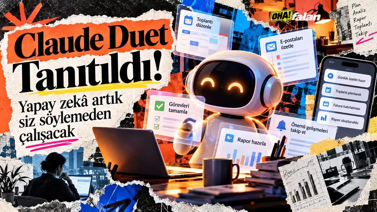 Geleceğin dijital çalışma masasını gösteren sinematik bir kompozisyon. Ortada üç boyutlu ışıklı bir yapay zekâ çekirdeği, çevresinde havada asılı duran elektronik posta pencereleri, takvimler, finans grafikleri ve görev panoları. Canlı turuncu, elektrik mavisi ve mor tonları.