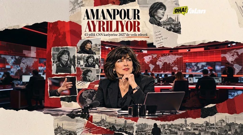 Karanlık bir uluslararası haber stüdyosunda boş bir sunucu koltuğu, üzerinde mikrofon bulunan masa, arkada dünya haritasını andıran ekranlar ve dramatik stüdyo ışıkları.