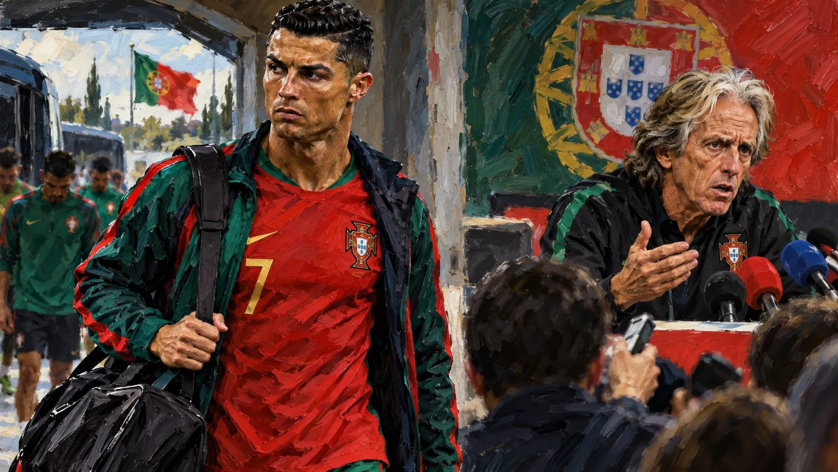 Portekiz Milli Takımı kampından ayrılan Cristiano Ronaldo ve teknik direktör Jorge Jesus'u konu alan haber görseli