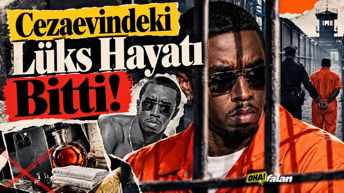Loş ışıklı bir cezaevi koridorunda kapalı demir kapılar, yerde bir mahkûm çantası ve uzakta görünen gardiyan siluetleri.
