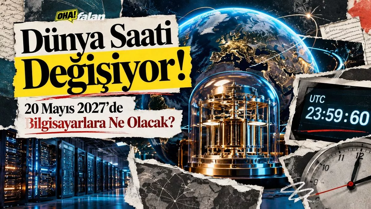 Dünya küresinin çevresini saran dijital saat halkaları, merkezde atom saatini temsil eden mekanik bir düzenek, arka planda veri merkezleri ve elektronik devreler, canlı mavi ve turuncu ışıklarla hazırlanmış gerçekçi teknoloji kolajı.