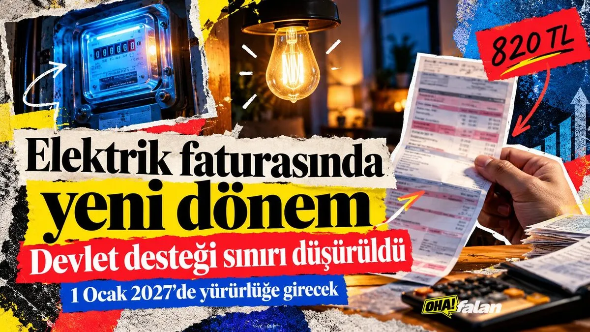 Loş bir evin mutfak masasında elektrik faturası ve hesap makinesi duruyor. Arka planda elektrik sayacı ve yarı karanlık bir oturma odası görülüyor. Soğuk mavi ışıkla aydınlatılan sayaç ve masadaki sıcak sarı ışık arasında güçlü bir karşıtlık bulunuyor. Görselde okunabilir yazı, logo ve insan yüzü yok.