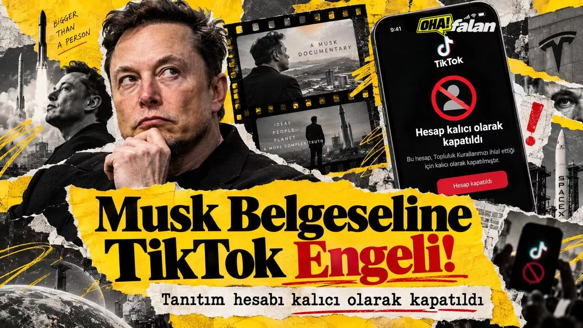 Karanlık bir sinema salonunda dev ekrana yansıtılan belgesel görüntüsü, ön planda kapatılmış bir sosyal medya hesabını temsil eden kırmızı uyarı simgesi ve parçalanmış dijital reklam panoları.