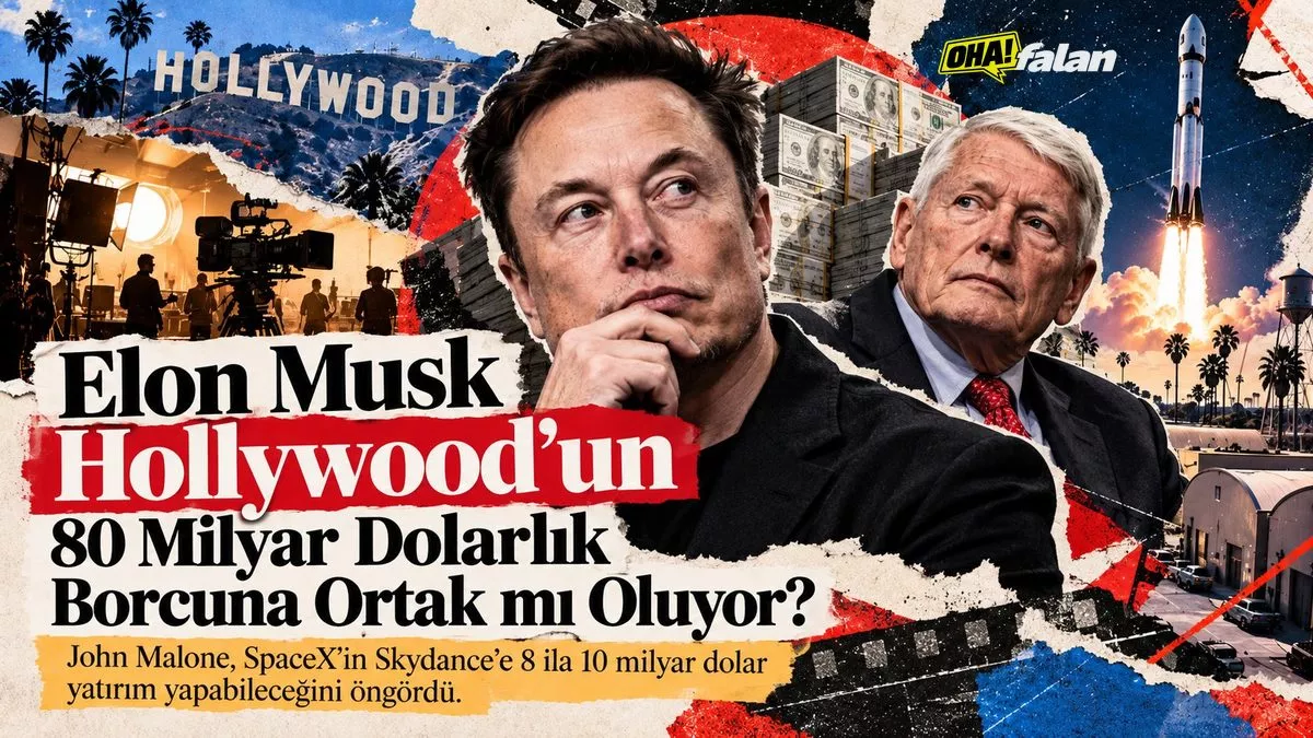 Hollywood tepelerinin üzerinde devasa bir borç yükünü simgeleyen para kuleleri, uzaydan gelen bir roket ve sinema stüdyolarını bir araya getiren sinematik finans kolajı.