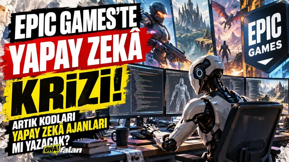 Büyük bir oyun geliştirme stüdyosunda boş çalışma masaları, bilgisayar ekranlarında karmaşık yazılım kodları ve fantastik bilim kurgu karakterlerinin üç boyutlu taslakları. İnsan emeği ile yapay zekâ üretimi arasındaki gerilimi yansıtan sinematik, gerçekçi ve geniş açılı bir sahne. Marka logosu, insan yüzü ve yazı bulunmuyor.