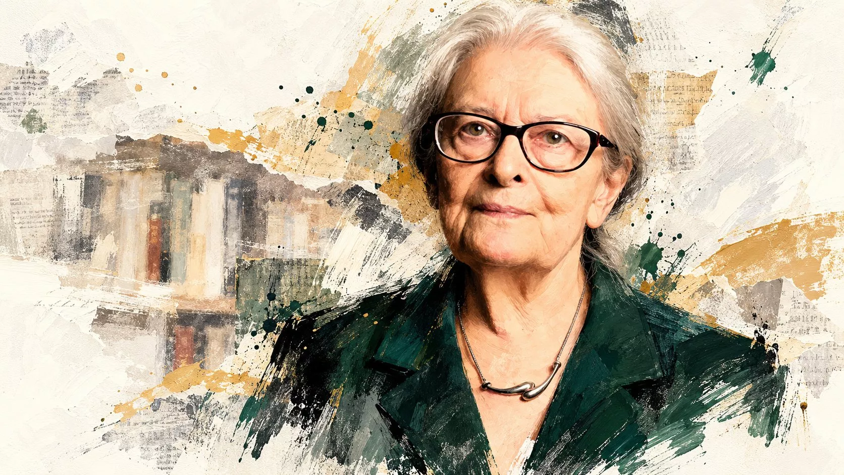 Prof. Dr. İoanna Kuçuradi’nin portresinin felsefe, insan hakları ve akademik yaşamı çağrıştıran sade bir kompozisyonla bir araya getirildiği görsel.