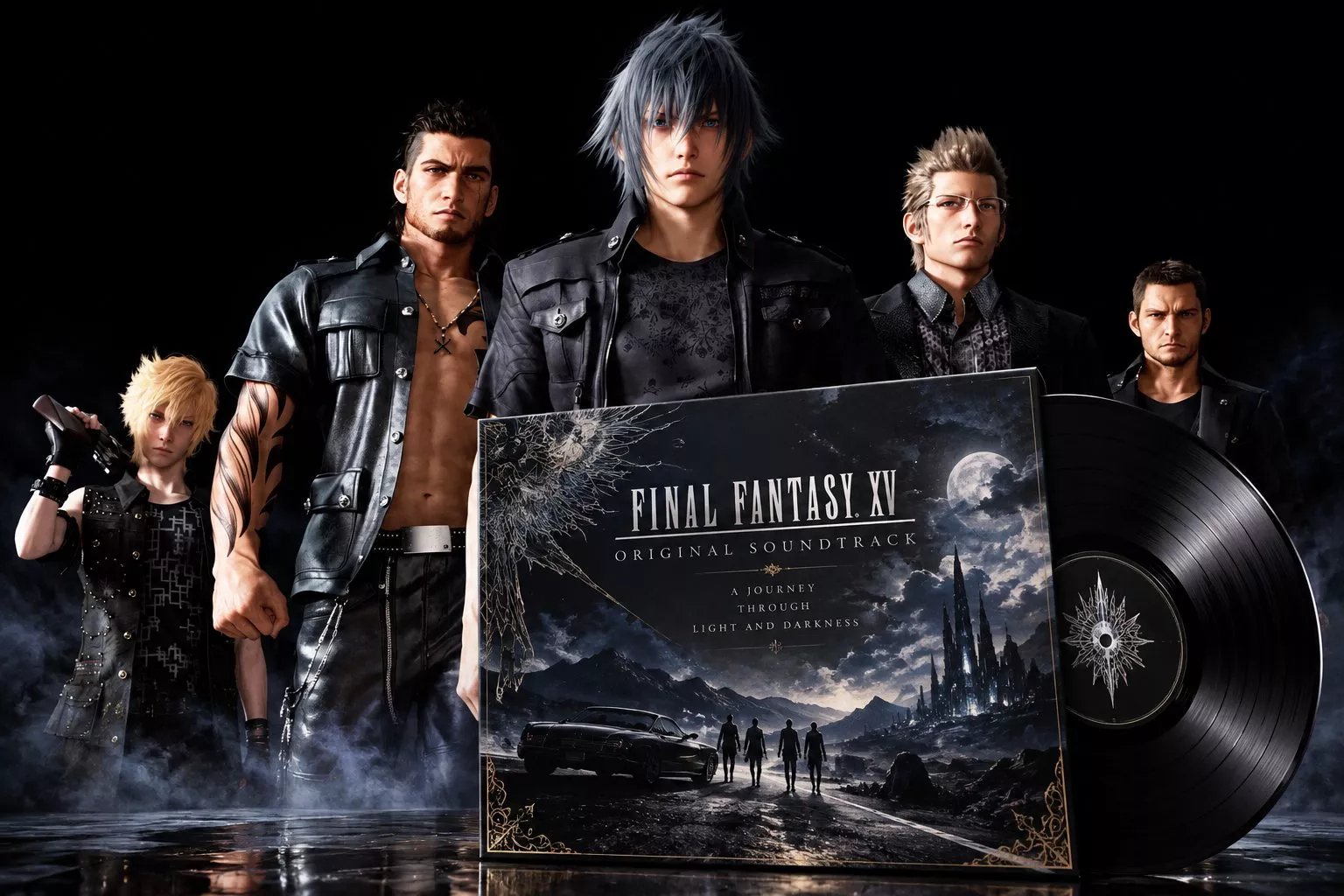 Final Fantasy XV dünyasını ve Yoko Shimomura’nın piyano ağırlıklı müziklerini yansıtan, plak ve piyano detaylarının öne çıktığı karanlık ve sinematik bir görsel