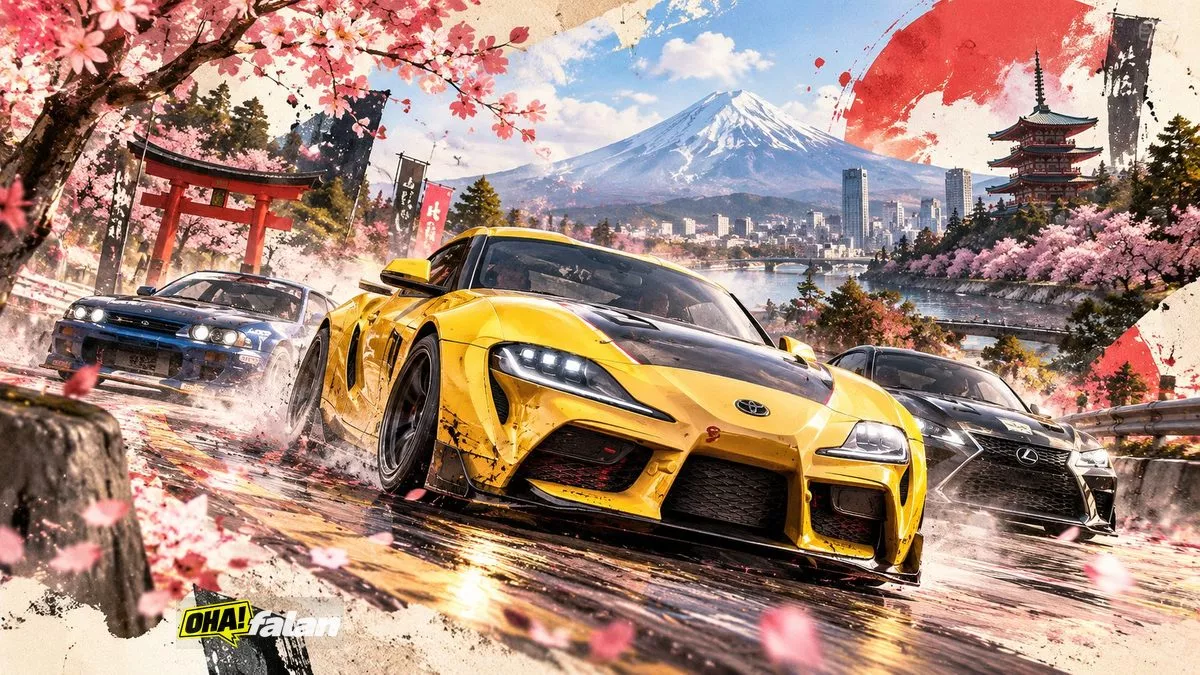 Fuji Dağı'nın eteklerinde, kiraz çiçekleriyle çevrili Japonya yollarında yarışan sarı, mavi ve siyah spor otomobillerin yer aldığı dinamik ve gerçekçi bir yarış sahnesi.