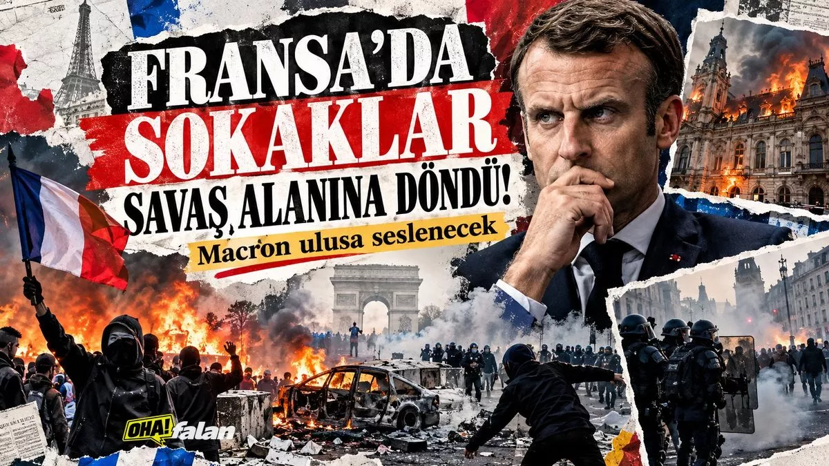 Paris'te gece boyunca yaşanan olayların ardından yanan araçlar, kırılmış mağaza vitrinleri, dumanla kaplı caddeler ve sokaklarda temizlik yapan görevliler. Arka planda Fransız mimarisine özgü binalar ve hasar görmüş bir belediye yapısı.
