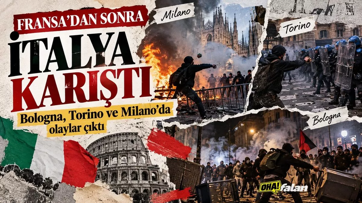 İtalya'da gece saatlerinde göstericilerle çevik kuvvet polislerinin karşı karşıya geldiği, devrilmiş barikatların, yerdeki taşların ve yükselen dumanların görüldüğü şehir meydanı.