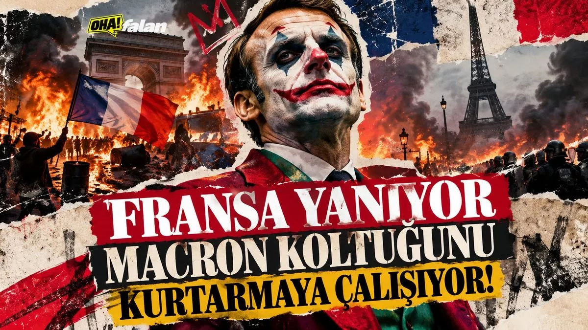 Paris'te gece boyunca süren protestoların ardından dumanların yükseldiği bir bulvar, devrilmiş barikatlar, hasar görmüş vitrinler ve uzakta aydınlatılmış cumhurbaşkanlığı sarayını gösteren karanlık, çarpıcı bir editoryal kompozisyon.