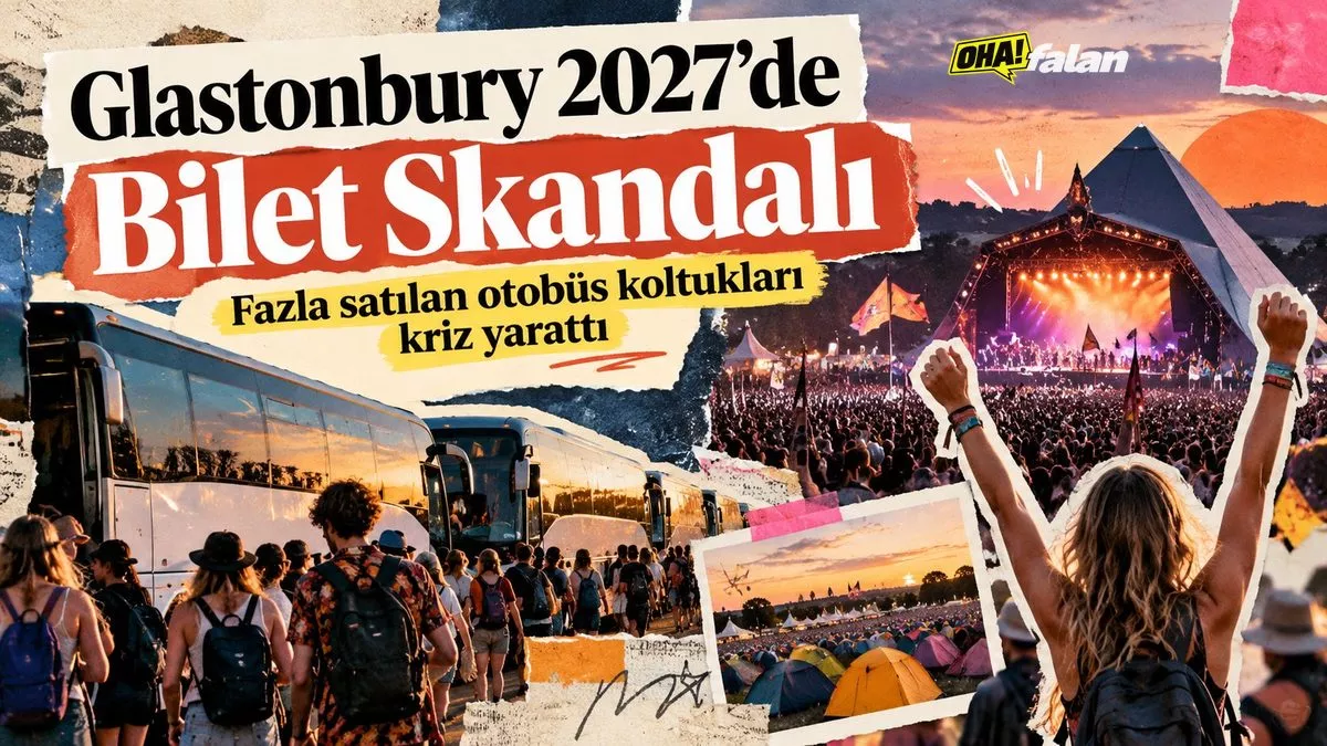 Büyük bir açık hava müzik festivalinin girişinde park etmiş otobüsler, önlerinde bekleyen kalabalıklar ve arka planda ışıklarla aydınlatılmış dev bir konser sahnesi.