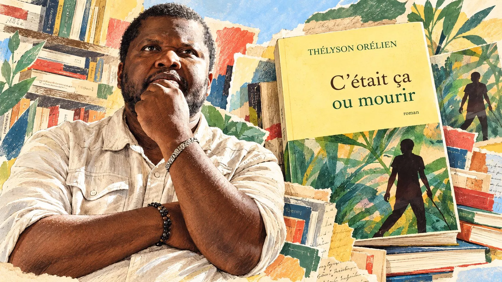 Thélyson Orélien’in portresi ve tartışmanın merkezindeki sarı kapaklı C’était ça ou mourir romanı.