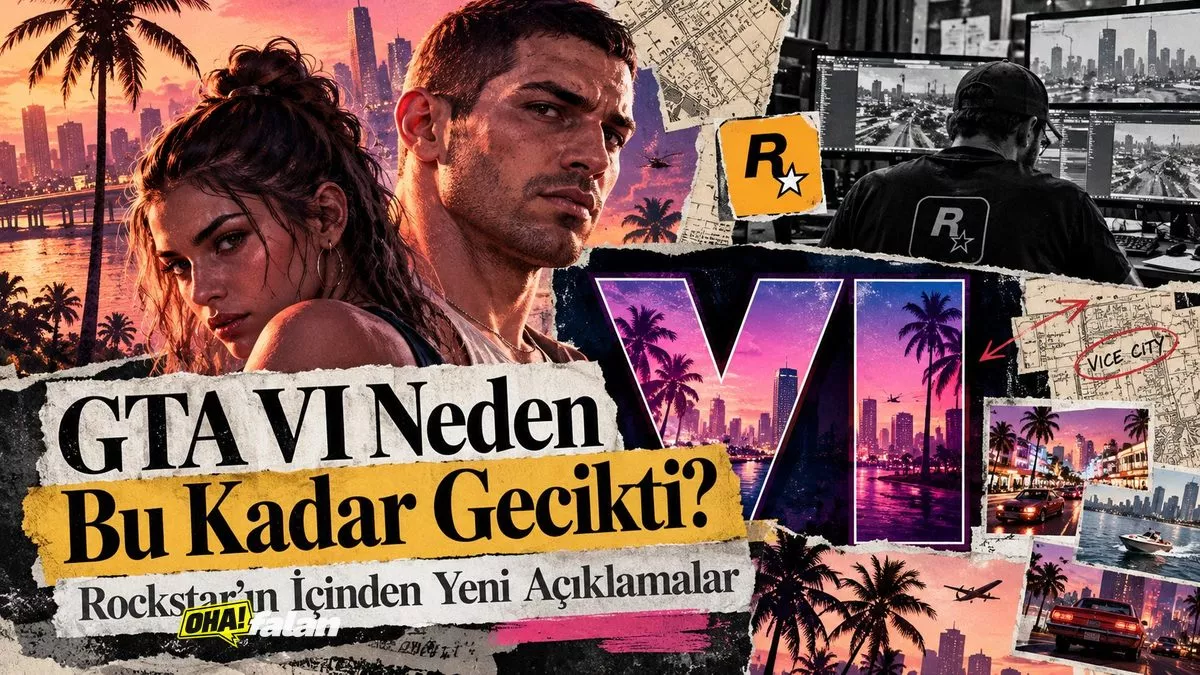 Büyük bir oyun geliştirme stüdyosunda dev ekranlarda tropikal bir Amerikan şehrinin üç boyutlu tasarımları, karakter modellemeleri ve dijital haritalar görülüyor. Sinematik, gerçekçi bir editoryal kompozisyon.