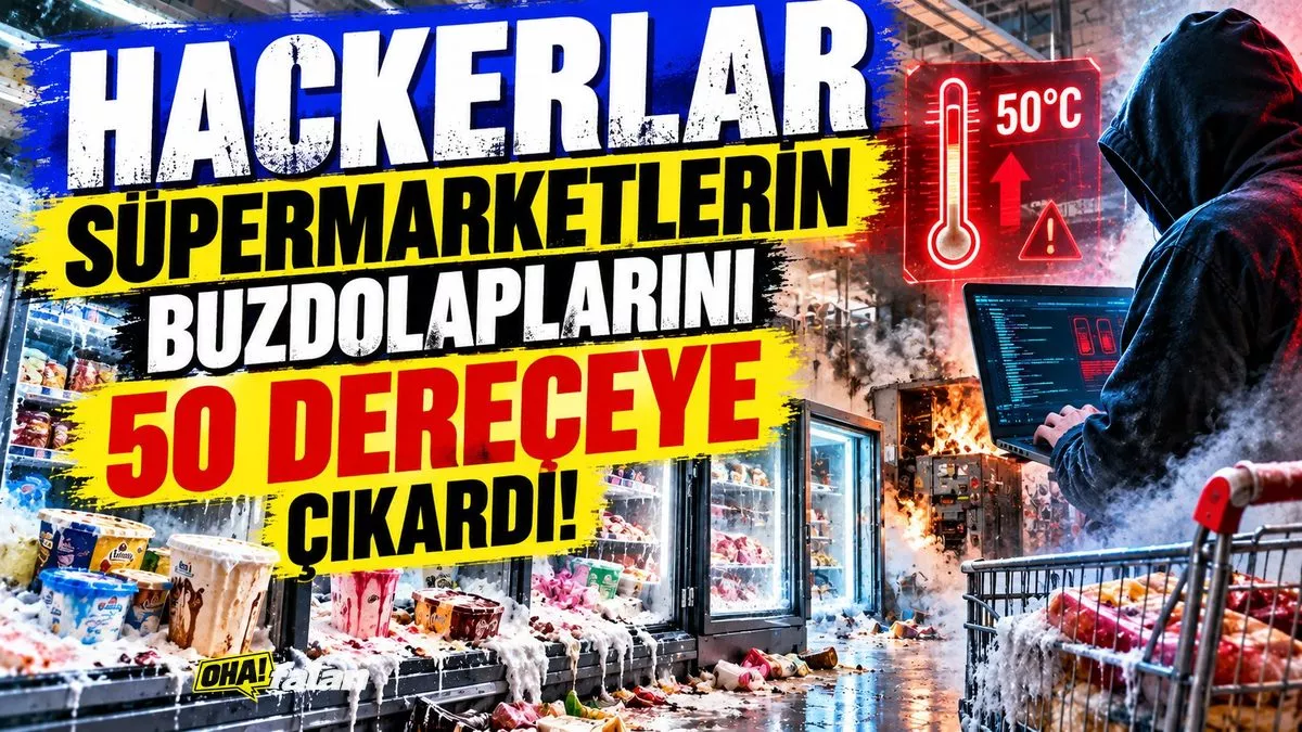 Büyük bir süpermarketin soğutulmuş gıda reyonunda kapakları açık buzdolapları, erimiş dondurmalar, buhar yükselen dondurucular, yerde su birikintileri ve arka planda küçük bir elektrik panosundan yükselen duman. Sinematik, fotogerçekçi, geniş açılı editöryal kompozisyon.