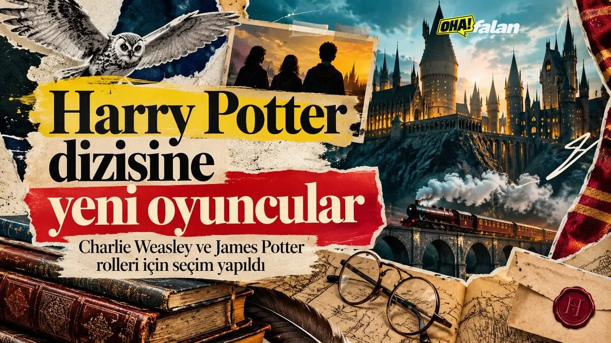 Hogwarts'ı andıran eski bir taş şatonun loş koridorunda, duvara yaslanmış süpürgeler ve açık duran ahşap bir sandık, sıcak mum ışığıyla aydınlatılmış sinematik bir sahne.