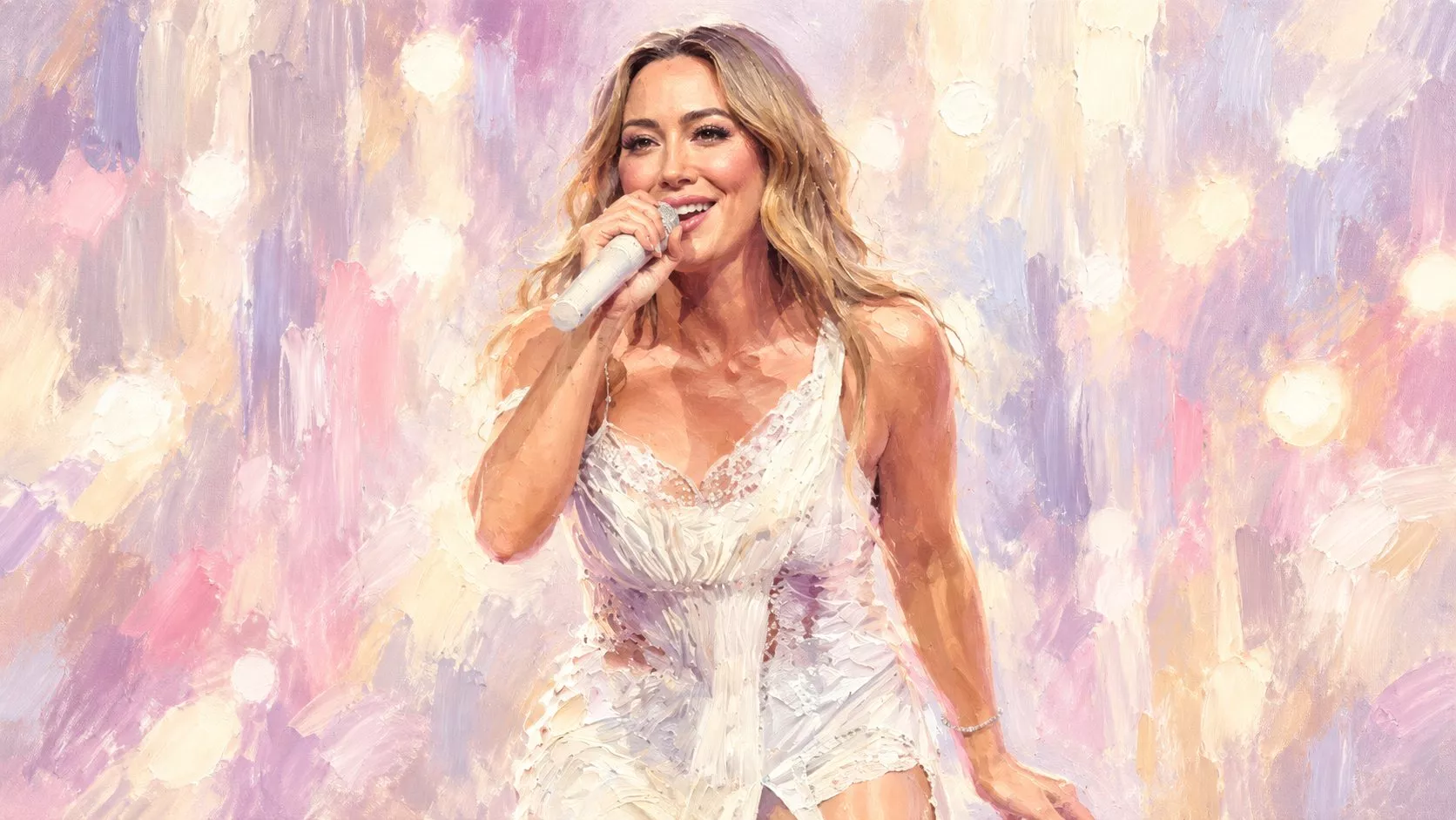 Hilary Duff ile The Cat in the Hat'ın ikonik kırmızı beyaz şapkasını bir araya getiren renkli müzik ve sinema illüstrasyonu