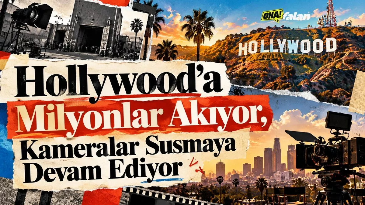 Los Angeles'ta boş kalmış büyük bir film platosu, kullanılmayan sinema kameraları, kapalı stüdyo kapıları ve uzakta Hollywood tepelerinin silueti. Dramatik ışıklarla sinema sektöründeki durgunluğu anlatan geniş açılı bir sahne.