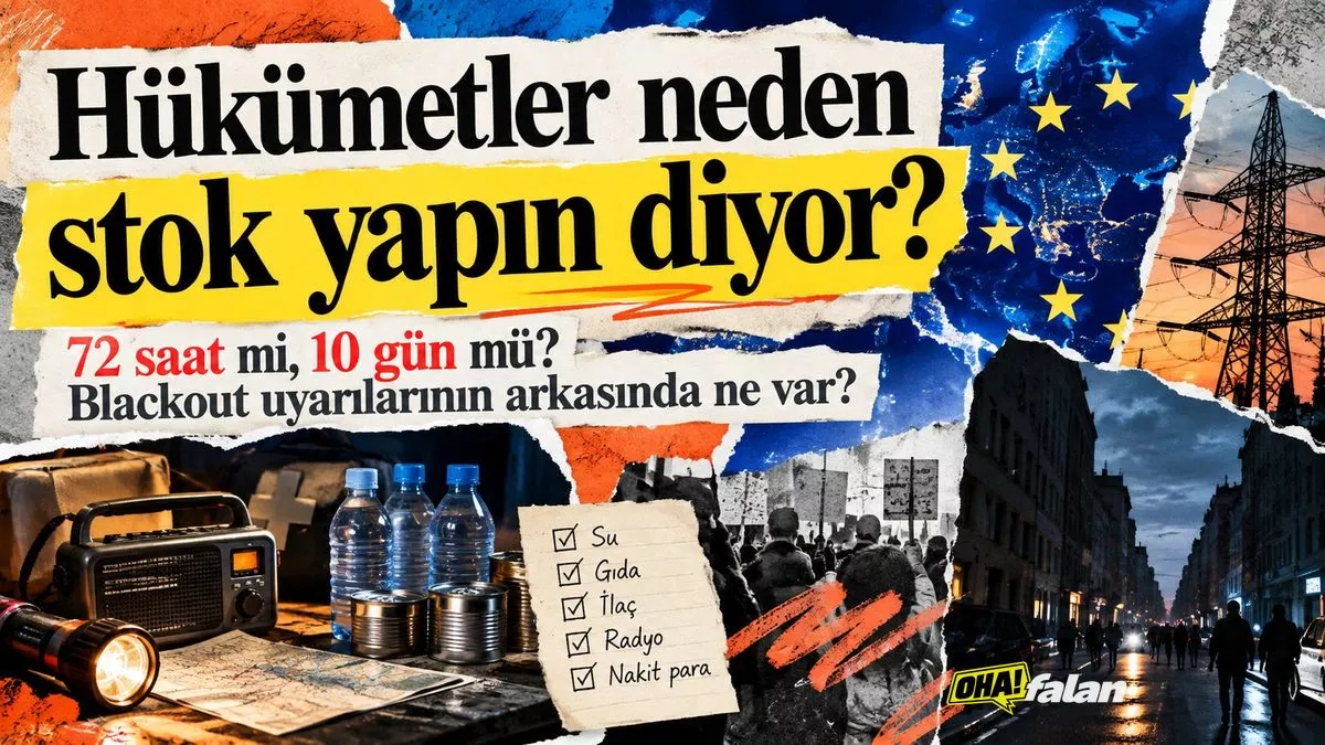 Karanlığa gömülmüş bir Avrupa kentinin sokakları, ışıkları sönmüş binalar, ön planda su ve gıda stoklarının bulunduğu bir acil durum çantası.