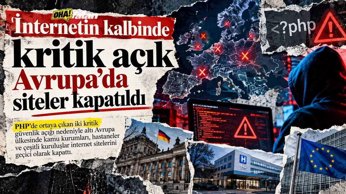 Karanlık bir veri merkezinde kırmızı güvenlik uyarılarıyla aydınlanan sunucu kabinleri, önlerinde bağlantıları kopmuş dijital bir Avrupa haritası, sinematik ve gerçekçi teknoloji atmosferi.