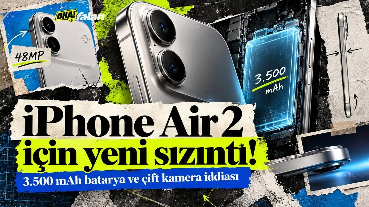 Koyu metalik bir yüzey üzerinde duran son derece ince, gümüş renkli bir akıllı telefonun arka bölümünde iki büyük kamera lensi görülüyor. Telefonun yanında yarı saydam bir batarya katmanı bulunuyor. Soğuk mavi ve canlı yeşil ışıklar cihazın ince profilini vurguluyor. Görselde logo ve yazı bulunmuyor.