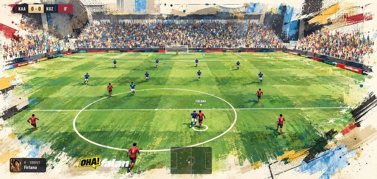 Gece aydınlatması altındaki kalabalık bir futbol stadyumunda kırmızı ve mavi formalı iki takımın orta sahada mücadele ettiği geniş açılı oyun görüntüsü.