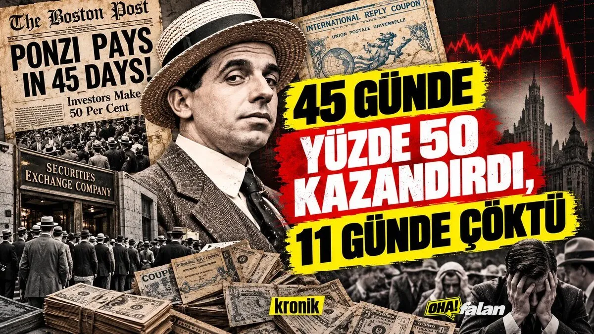 kronik Ponzi bölüm afişi, hasır şapkalı Charles Ponzi, Securities Exchange Company önündeki kalabalık ve posta cevap kuponu