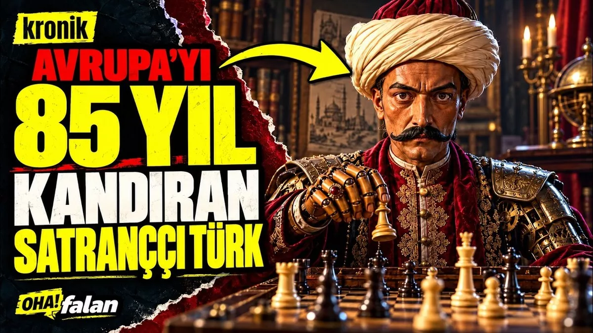 kronik Satranç Oynayan Türk bölüm afişi, kaftanlı ve sarıklı Türk figürü mekanik koluyla satranç oynuyor
