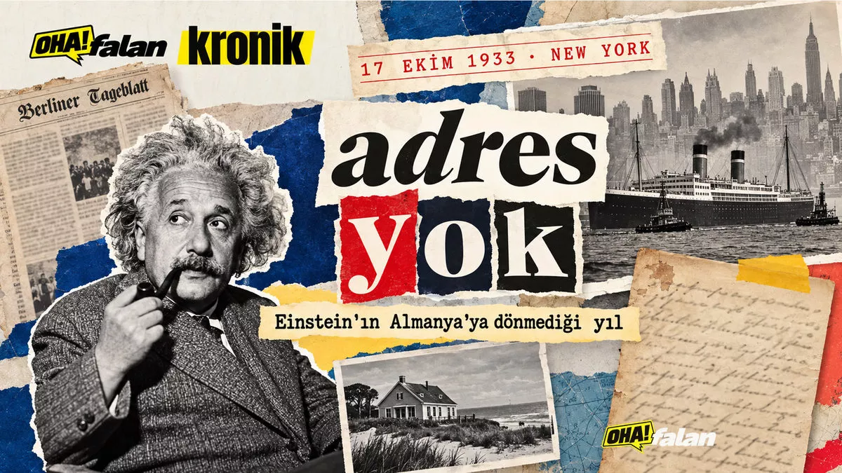 kronik adres yok bölüm afişi, Albert Einstein'ın kâğıt kolaj portresi ve 1933 yolculuğu