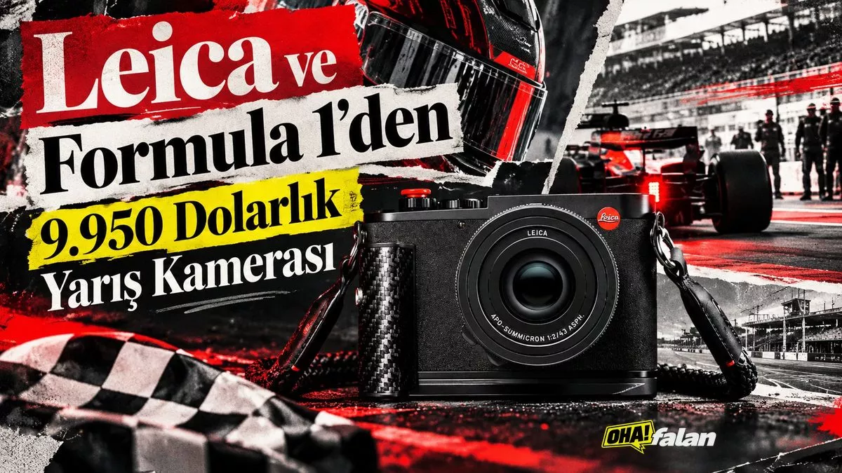 Karanlık bir yarış garajında, karbon fiber yüzeyli lüks bir fotoğraf makinesi, arka planda bulanık yarış otomobili silüeti ve kırmızı pist ışıklarıyla sinematik biçimde görüntüleniyor.