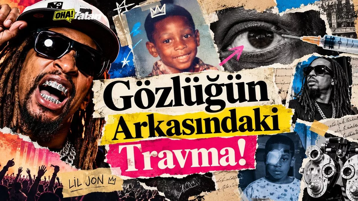 Siyah zemin üzerinde büyük, koyu camlı bir güneş gözlüğü, arka planda eski bir okul koridoru ve göz muayenehanesini çağrıştıran bulanık ayrıntılar.