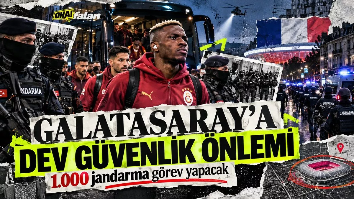 Gece saatlerinde yoğun güvenlik önlemleri altındaki bir futbol stadyumu, girişlerde polis araçları, bariyerler ve devriye gezen güvenlik görevlileri, dramatik ışıklandırma ve haber fotoğrafı estetiği.